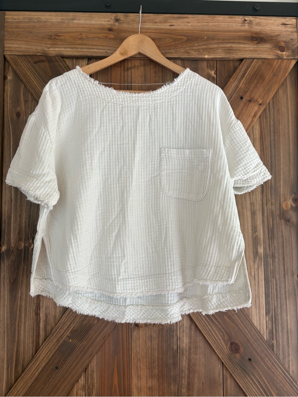 Free People 100% Cotton Oversized Waffle Textured Frayed Hem Pocket Tee. Size S